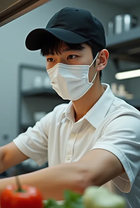 (photorealism:1.2), Young Korean man with a face mask and a black cap with a white polo shirt, that is cooking