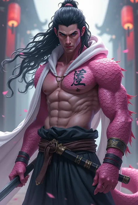 Men handsome face, long black hair, have dragon pink scale skin, have MOMO letter tattoo in chest, have sword, fit muscular body , samurai attire , white hoodie 
