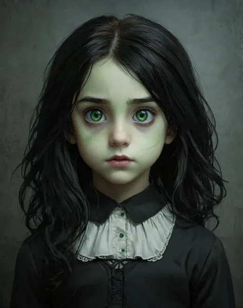 A haunting portrait of a school girl Severus snapes daughter, ,Solo, 11 yo girl, green eyes, black hair ,with a face that reflects the horrors of the undead, zombie, empty eyes, Focus on realism and intricate details to capture the unsettling nature of her...