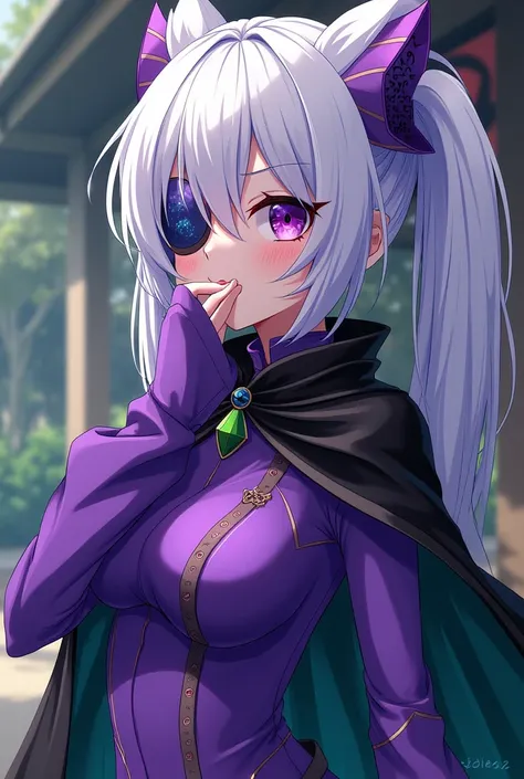 A woman with light purple skin , White hair with a purple and blue eye patch Purple clothes with black Green cape Burping Anime style