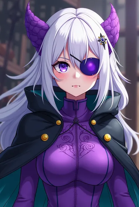 A woman with light purple skin , White hair with a purple and blue eye patch Purple clothes with black Green cape Burping Anime style