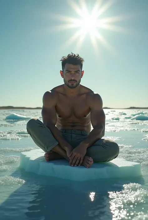 an Indonesian Javanese handsome  man was sitting on a piece of melting ice, in the middle of the hot midday sun...the text label 
( Hareudang)