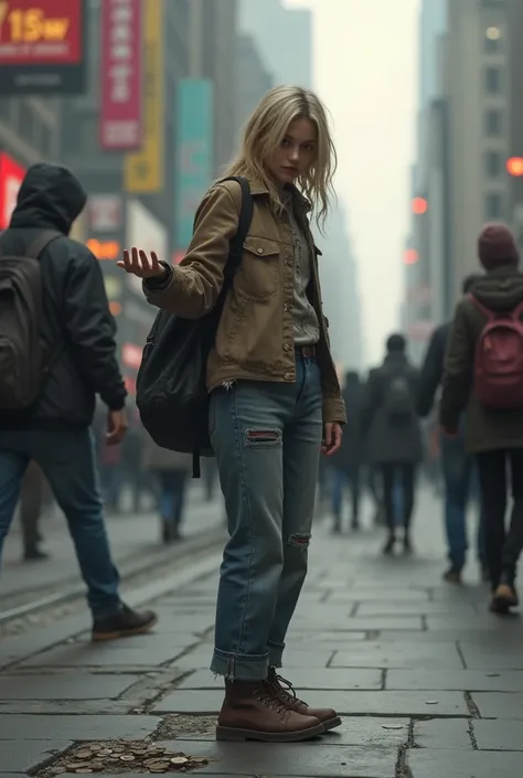 A blonde had nothing to eat, was poor and kept asking everyone on the sidewalk for coins 