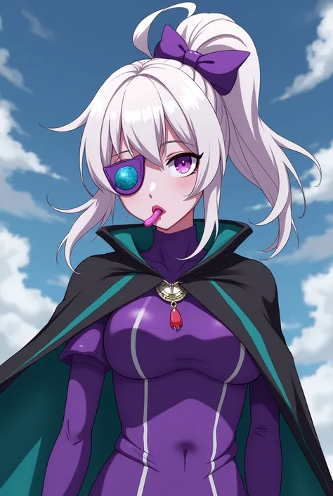 A woman with light purple skin , White hair with a purple and blue eye patch Purple clothes with black green cape Burping through the mouth anime style