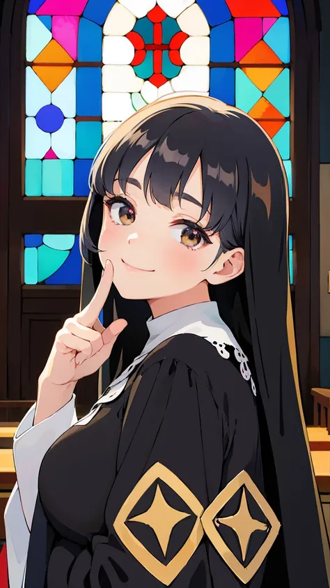 score_9, score_8_up, score_7_up, score_6_up, backlighting, light rays, 1girl, adult woman, nun, black hair, long hair, brown eyes, Pretty Face, happy face, light smile,fingersmile, finger to mouth, looking at viewer, (background : stained glass, church, ar...