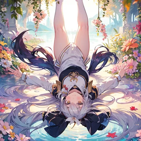 Girl Falling from the Sky、flower、fall、Aerial、Spread your arms、Long Hair、Alphonse Mucha、god、Twin tails、Tail、cat、Glare