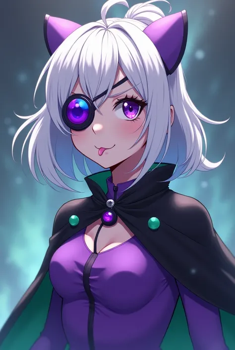 A woman with light purple skin , White hair with a purple and blue eye patch Purple clothes with black green cape Burping through the mouth anime style