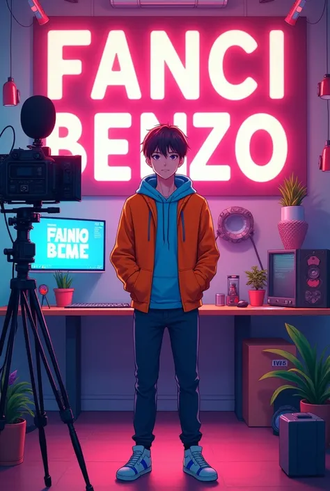 Create an image of a Youtubers Studio room with a subtle neon glow. Make a statement with bold "FANCI BENZO " lettering, make sure the text is not  misspelled.A colorful image of a young man in anime smart style, wearing an orange hoodie with a blue interi...