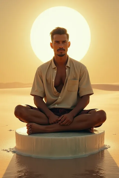 an Indonesian Javanese handsome  man was sitting on a piece of melting ice, in the middle of the hot midday sun...the text label is
( Hareudang)