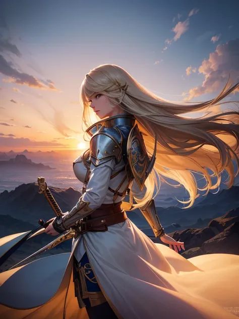 Long-haired female knight holding sword, long blonde hair, hair blowing in the wind, Early Final Fantasy vibe, (fantasy world airship flying in the sky, afloat, sci-fi fantasy airship with propellers), view from the deck of the airship, staring into the di...