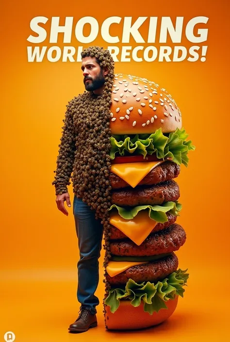 Main Image: Use a split image of two bizarre or jaw-dropping records. For example, one half could show a person covered in bees (for a record involving bees), and the other half could be an unusual, surprising visual, like the world’s largest burger.
Backg...