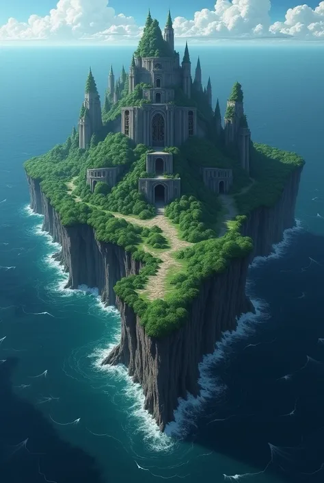 A gigantic anime-style island, dark in the middle of the sea