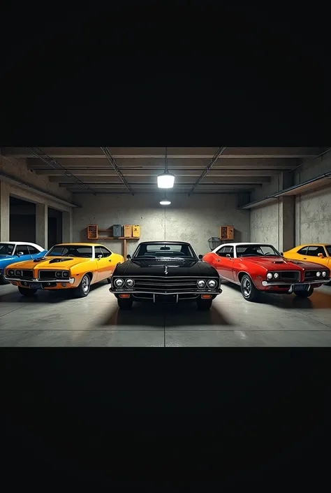 Garage with a black 67 Ford Impala parked| dodge charger 1970 |pontiac gto 1970  |barracuda 1970 