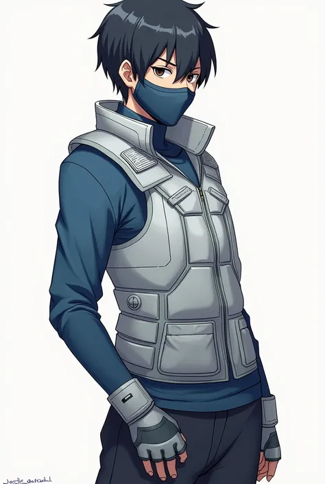 Black Hair, Short Hair, brown eyes, mask,drawing art,marksman, fingerless gloves, light vest, sivlver and blue outfit, male, no gun up front,boy