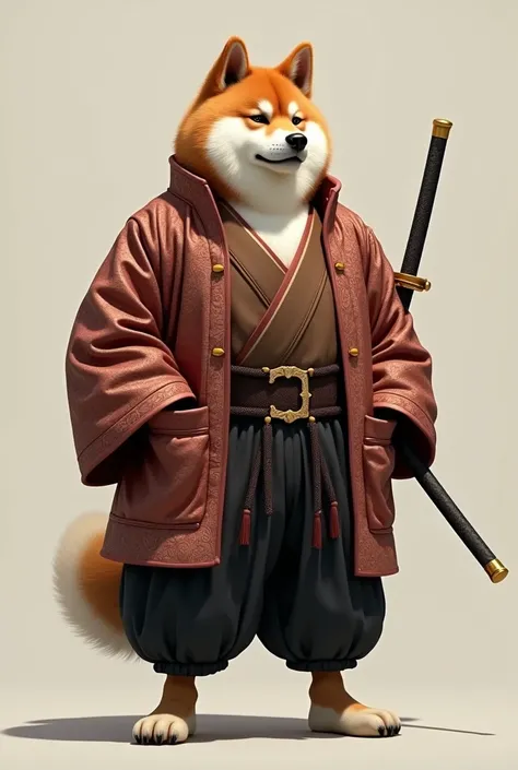 A anthropomorphic akita. With brown and white fur. Wearing a Vintage On-Ligo Collection Brown Beige Oriental Ethnic Asian Kimono Mandarin Frog Closure Puffy Boxy Pocket Lined Jacquard Satin Coat Jacket. With black pants. Holding a samurai sword. 