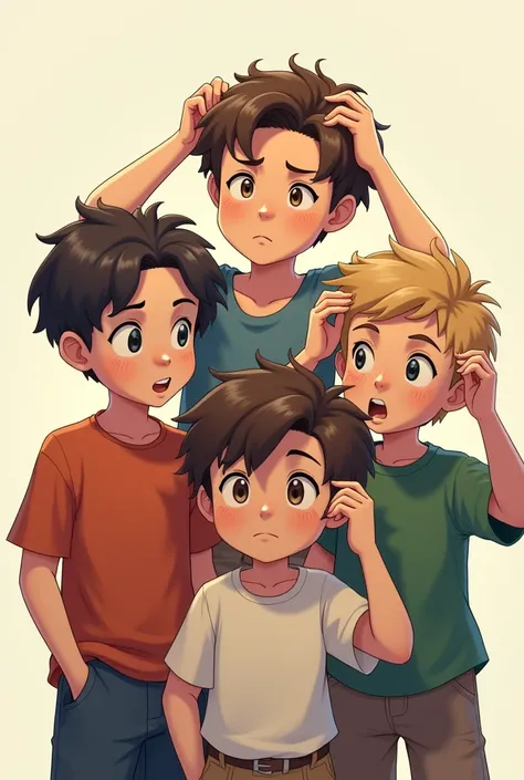 Four 
boys scratching their heads
