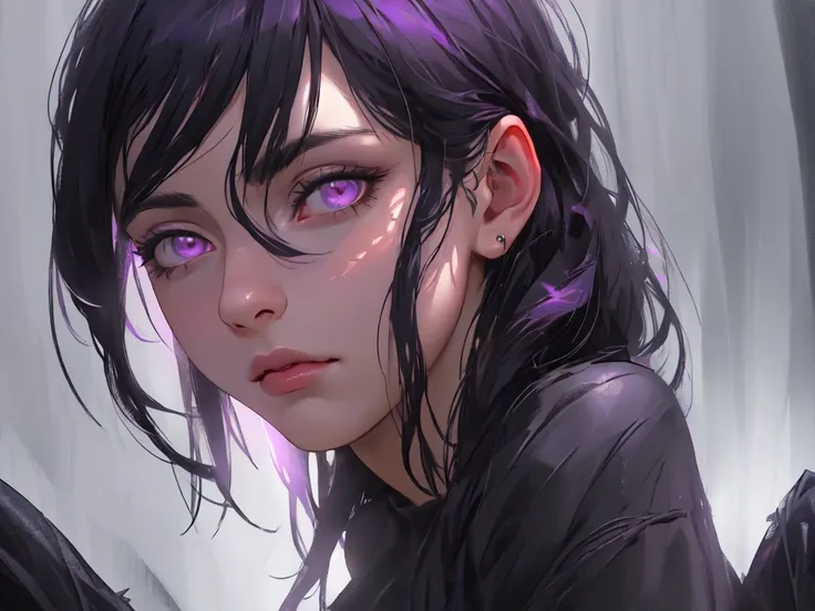 a magical girl, long black hair, purple eyes, wearing predominantly black and purple clothes, depressive magical world, dark fantasy world, world of loneliness and sorrow, (best quality,4k,8k,highres,masterpiece:1.2),ultra-detailed,(realistic,photorealisti...