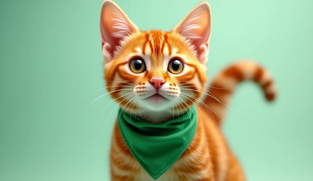 16k,High image quality,Orange cat with a green bandana around its neck 
