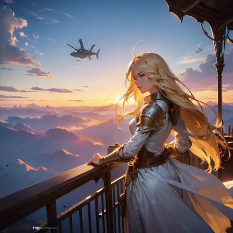 Long-haired female knight holding sword, long blonde hair, hair blowing in the wind, Early Final Fantasy vibe, (fantasy world airship flying in the sky, afloat, sci-fi fantasy airship with propellers), view from the deck of the airship, staring into the di...