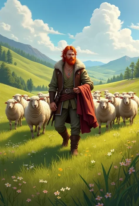  red-haired david with a coat in his hand herding sheep in green pastures