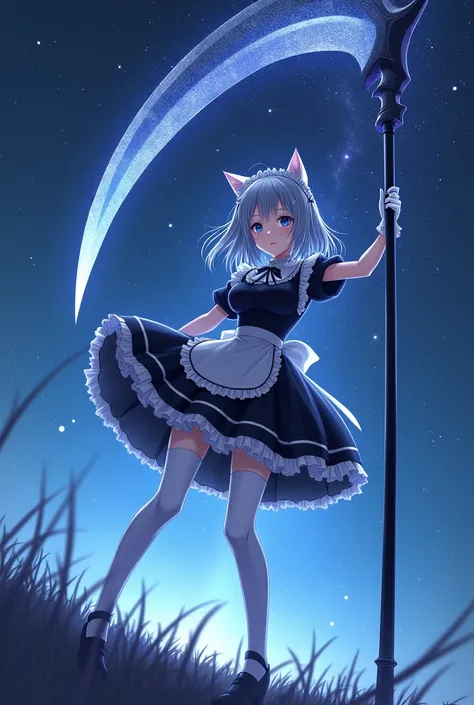 Night sky，Silver long hair anime girl，cat ear，short skirt maid outfit，White gloves，white pantyhose，Holding a giant magical scythe