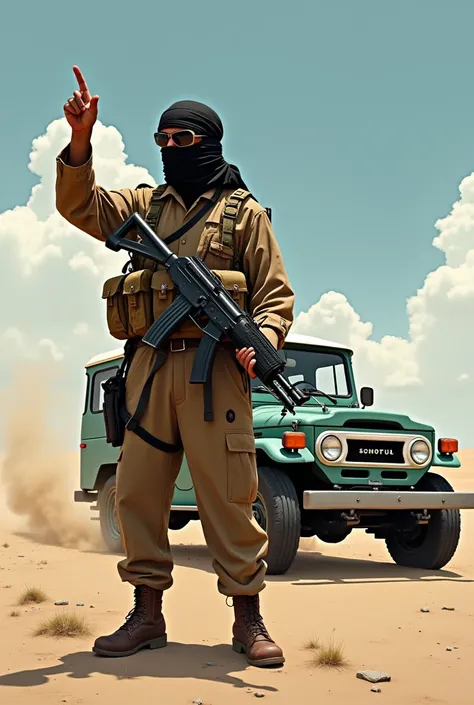 An artwork featuring an Arab terrorist wearing a makeshift uniform, pointing an Mg-42 upward with one hand, in the background an old model Toyota Land Cruiser from the side