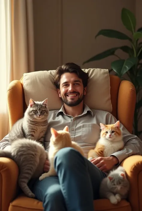 A man surrounded by cute cats on his armchair 