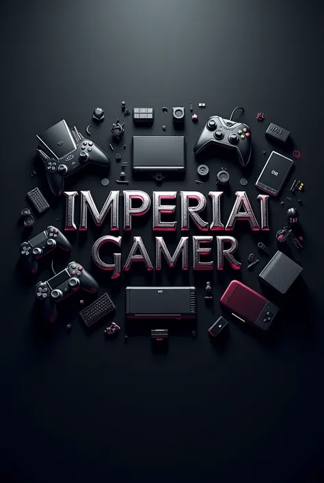 Create a black background cover for YouTube channel with name "Imperial Gamer". That contains gamer elements such as controls, consoles, smartphones e Pc.