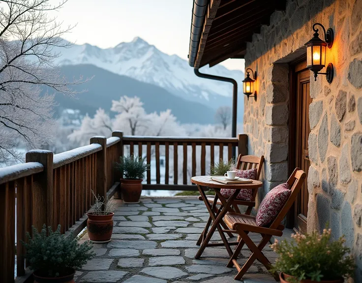 A rustic balcony in a rural cottage on a frosty morning. The temperature is around 0°C. Theres a small table with a cup of steaming tea and a book. A few herbs are growing in pots. The balcony is made of stone and has a wooden railing. A mountain range is ...