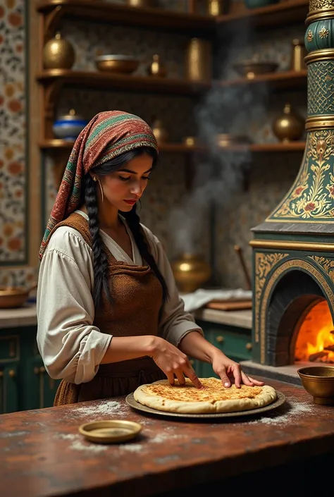 A Turkish gypsy woman baking a meat flat bread in highly hygine, ottoman times kitchen