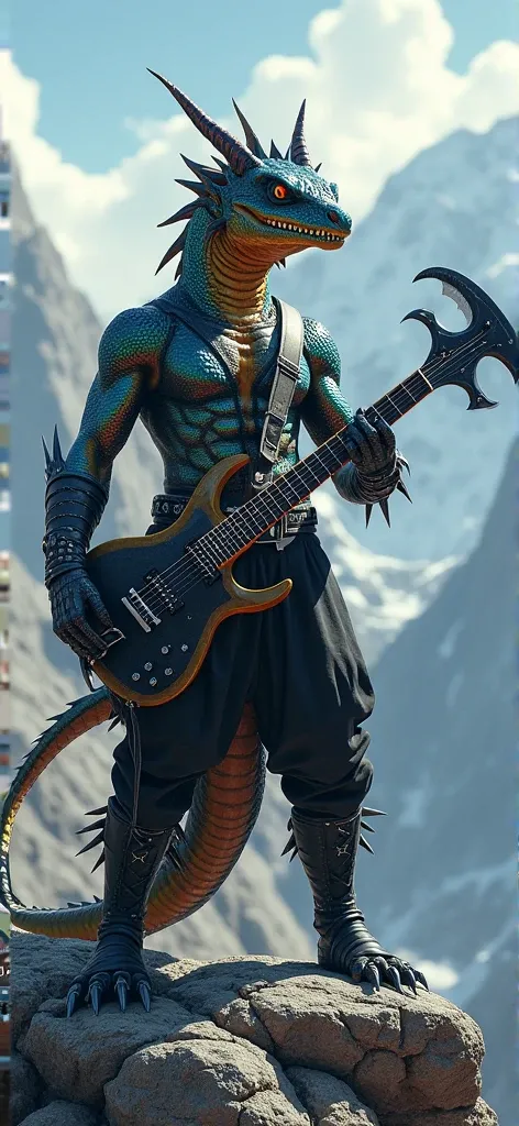 Make a humanoid dragonborn with true skin color, holding an axe-shaped guitar, make him wear black medieval rocker style clothes with earrings and piercing, make him smile on top of a mountain 