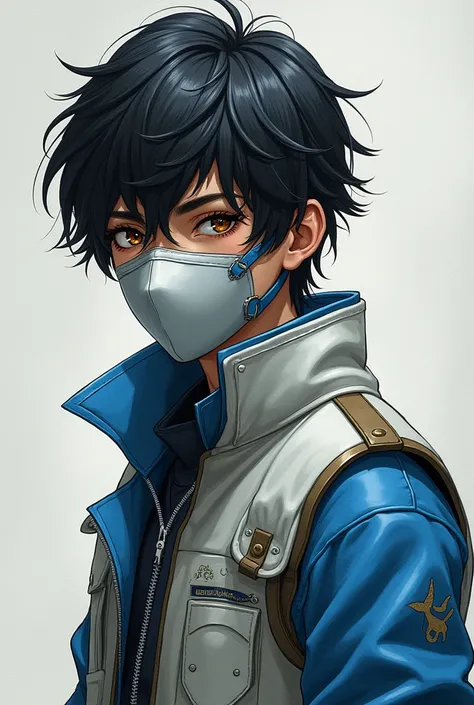 Black Hair, Short Hair, brown eyes, mask,drawing art,marksman, fingerless gloves, light vest, sivlver and blue outfit, 18 year boyLooking at viewer, male