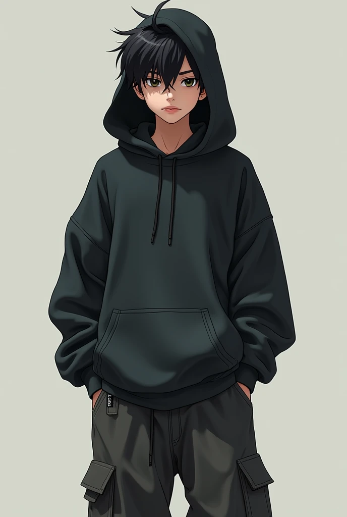 Teenage boy wearing a black korean pant and over size hoodie 
