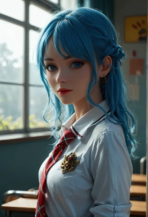 score_9,score_8_up,score_7_up, A stylish blue-haired woman, wearing skimpy school uniform, The lighting is soft, clothes details and her confident pose. capturing the fusion of beautyful school girl