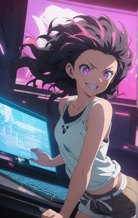 "1girl, original character, hacker, cyberpunk style,
typing on holographic keyboard, floating screen with Niconico video,
tank top, shorts, grinning eyes, confident expression,
neon lighting, futuristic room, digital effects,
vibrant anime colors, detailed...