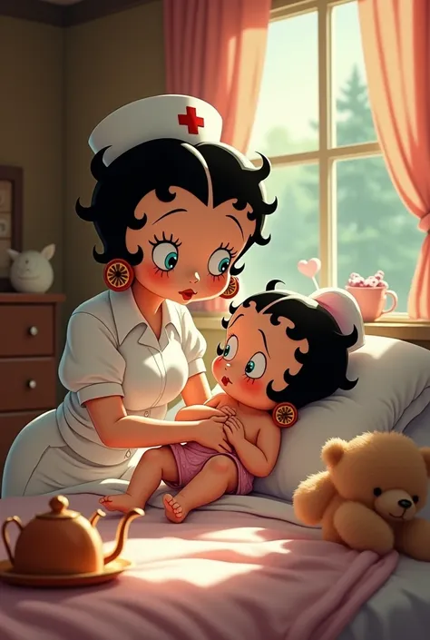 Betty boop, She&#39;s a pretty nurse from the 1980s, betty boo holding medicine tray wearing, betty boop nurse in 80s white, taking care of baby betty boop, baby betty boop wearing 80s children&#39;s clothing, Lying on a bed from the 80s, The background is...