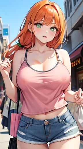 ((Orange Hair)), Green Eyes, Long half-up hairstyle bust, ((Lip)), ((masterpiece)), ((Familiar)), ((Pink Camisole)), ((Open your jean shorts)), ((Best Quality)), ((Outdoor Shopping)), Big Boobs, Looking at the audience,Large Breasts