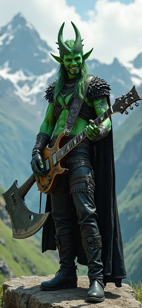 Make a dragonborn bard with green skin color, holding an axe-shaped guitar, make him wear black medieval rocker style clothes with earrings and piercing, make him smile on top of a mountain 