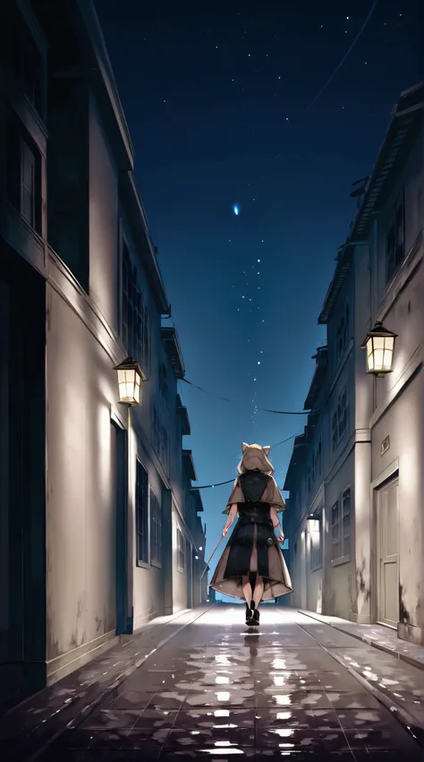 beautiful young brunette student walks alone on a path in the dark under a starry sky