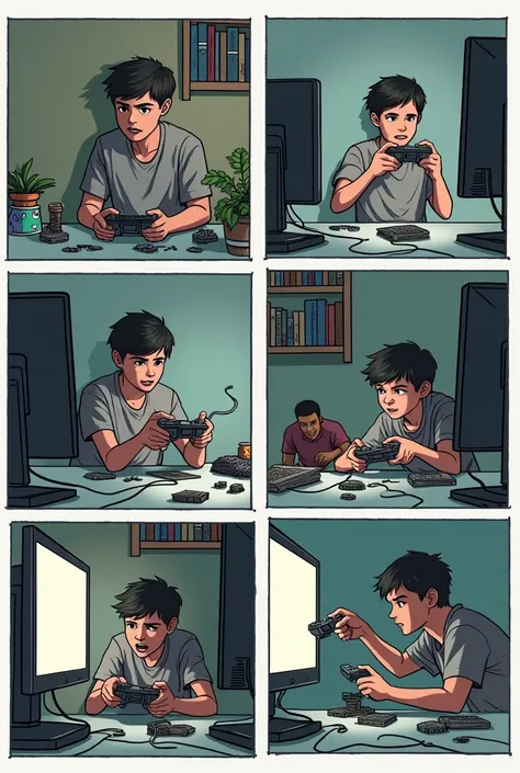 Create a six-panel comic strip image showing the dangers of video games 