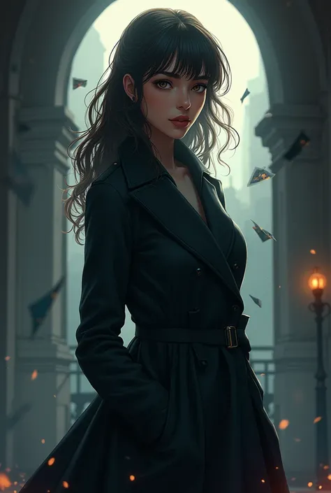 Create a dramatic poster featuring Rin Delwyn, a young and elegant detective, for a story with themes of sacrifice, betrayal, and adventure.