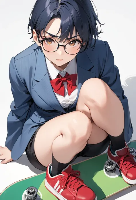 (masterpiece, best quality),magazine gravure, 
A girl cosplaying as Conan Edogawa from "Detective Conan",(Black-rimmed glasses, blue suitjacket, red bowtie,black shorts-suits,white and red sneakers),has green skateboard,white background, BREAK (10yo,detail...