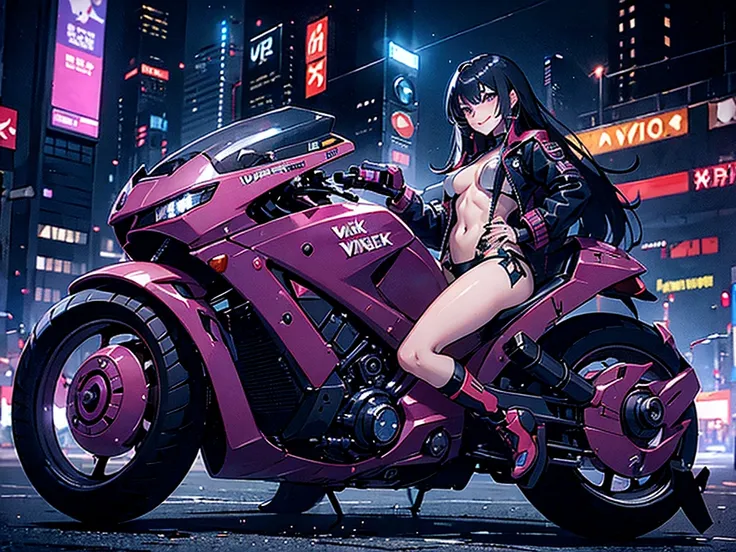 woman、Early 20s、Cyberpunk、Wicked Smile、Black Hair、Long Hair、Multicolored Hair、Purple Eyes、sexy、sexyなポーズ、Tight black combat suit、Get on a bike、night、Cowboy Shot R-18