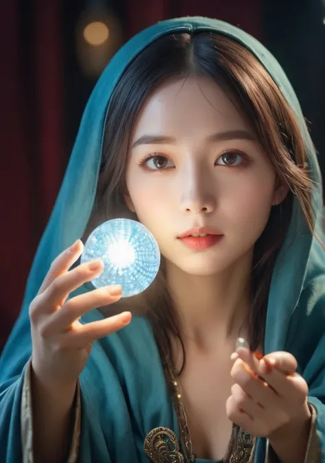 Female fortune teller. Body and face orientation: frontal. Charming, beautiful and mysterious. She wears a blue cloak and has a clear face. The atmosphere is bright and glittering, full of anxiety and anticipation. The fortune teller is standing. He holds ...