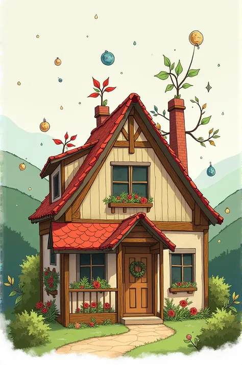 Create an image of a house in a drawing being decorated