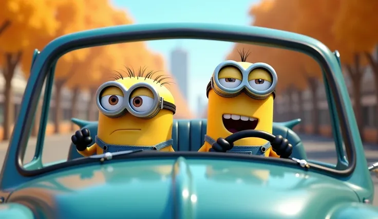 a cute minion driving a car, hyperrealistic, 8k, highly detailed, humorous, vivid colors, cinematic lighting, masterpiece, photorealistic, incredibly detailed, sharp focus, physically-based rendering, professional, studio quality, volumetric lighting, dyna...