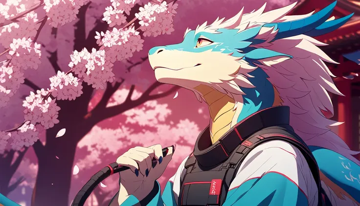 anthro eastern dragon wearing tech-wear looking up at the sakura tree