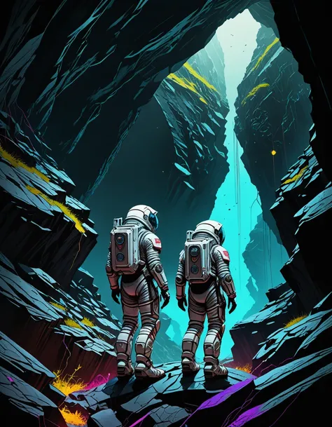 a beautiful artwork illustration, concept art sketch of an astronaut in white futuristic cybernetic armor in a dark cave, volumetric fog, godrays, high contrast, vibrant colors, vivid colors, high saturation, by Greg Rutkowski and Jesper Ejsing and Raymond...