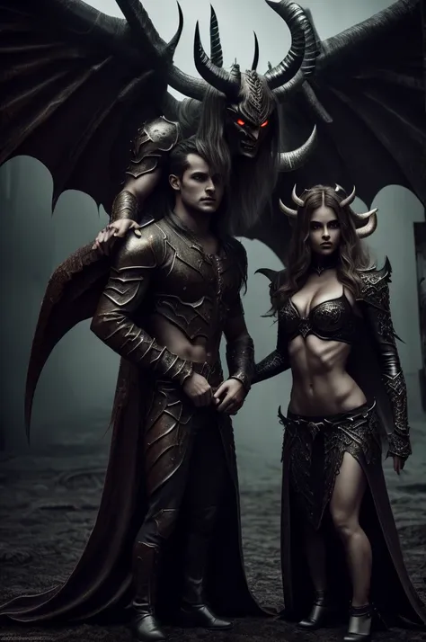 1 male demon and 1 female demon, with horns and wings, ultra detailed face and body, hyperrealistic, realistic representation, standing together in hell, the male demon hugs the female demon