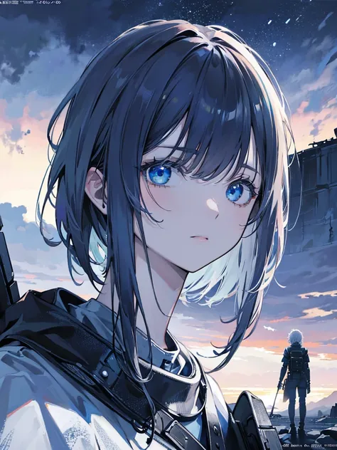  (8K, 4K, Best Quality, High Resolution: 1.2) ,1 girl, megami magazine, white hair, short hair, blue eyes ,a dramatic, apocalyptic scene of amidst a desolate, abandoned world, with a complex, highly detailed cinematic composition featuring a vast, realisti...